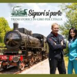 Treno storico in viaggio tra i paesaggi italiani nel programma Signori si parte su La7