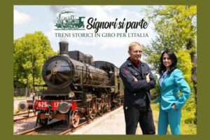 Treno storico in viaggio tra i paesaggi italiani nel programma Signori si parte su La7