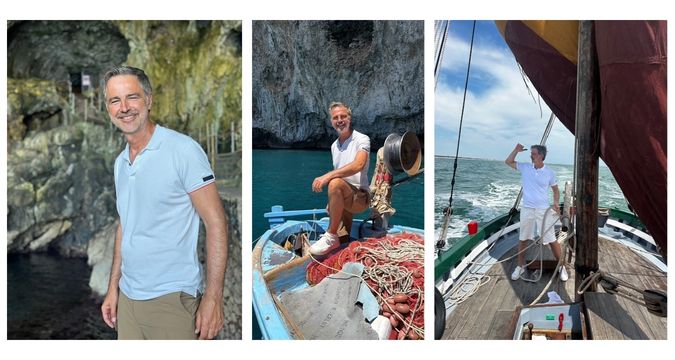 Beppe Convertini durante il viaggio in Puglia per Azzurro Storie di Mare